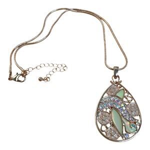 Enamel AB Rhinestone Intricate Teardrop Pendant Rose Gold Tone Necklace
